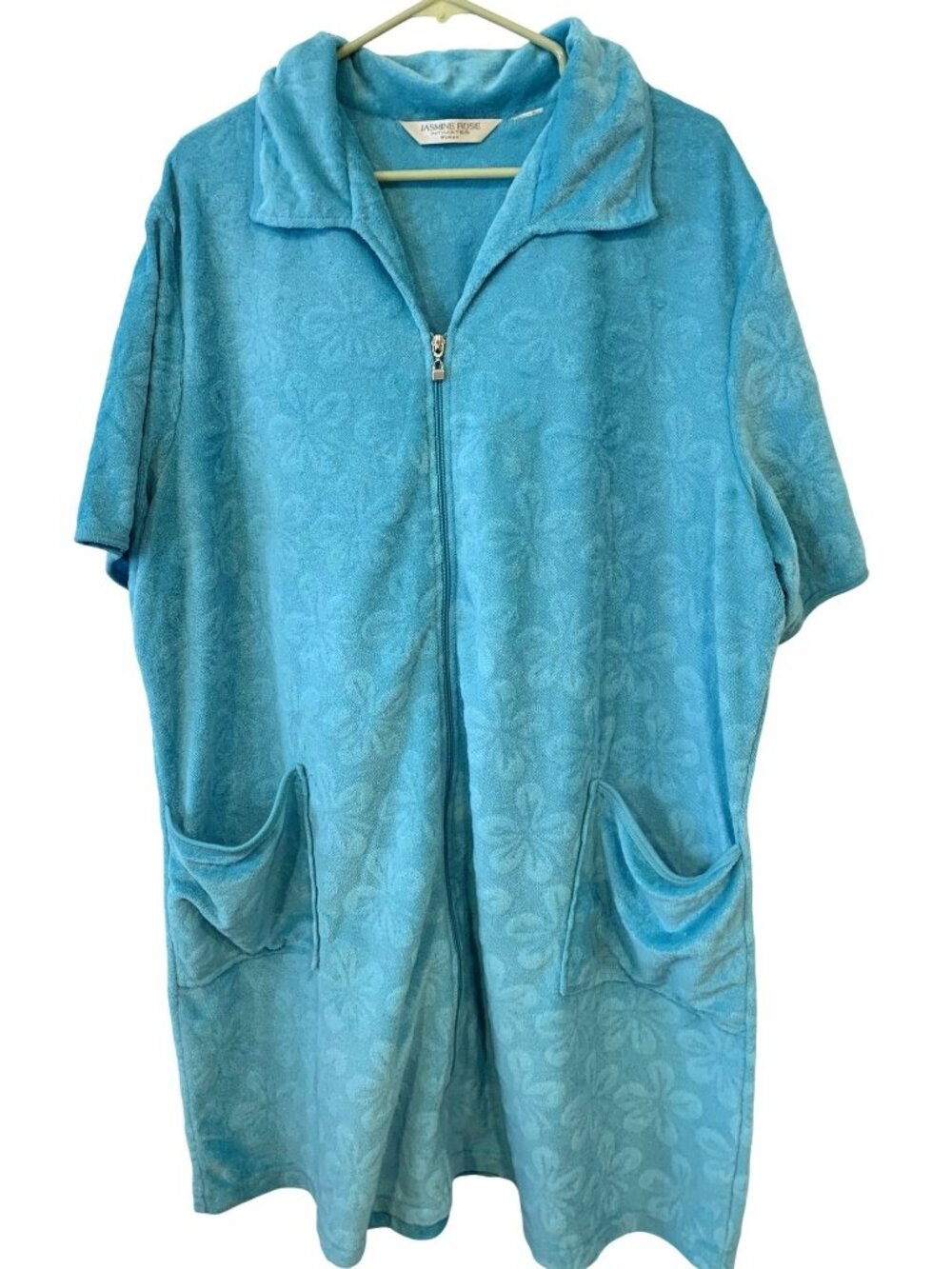 Jasmine Rose Intimates Womens 1X? Robe Turquoise Floral Terry Zip Front Pockets